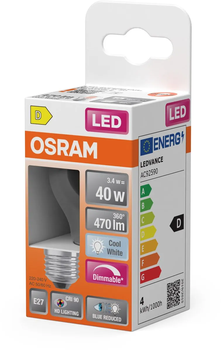Osram E27 LED 3.4W 4000K Koelwit - Helder Glas - afbeelding 3 van 6