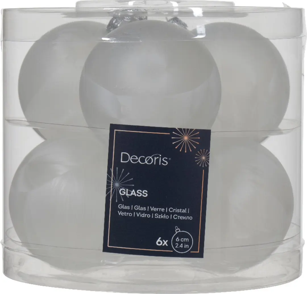 Kerstbal glas d6 cm wit ijslak 6st kerst