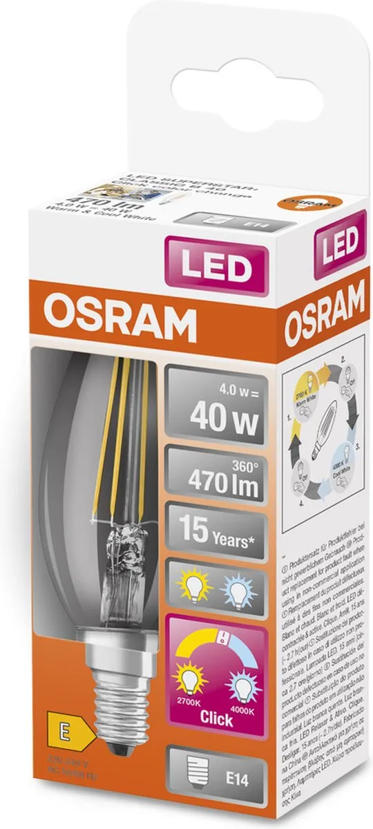 Osram LED Kaarslamp E14 4W Warmwit 2700K - Helder