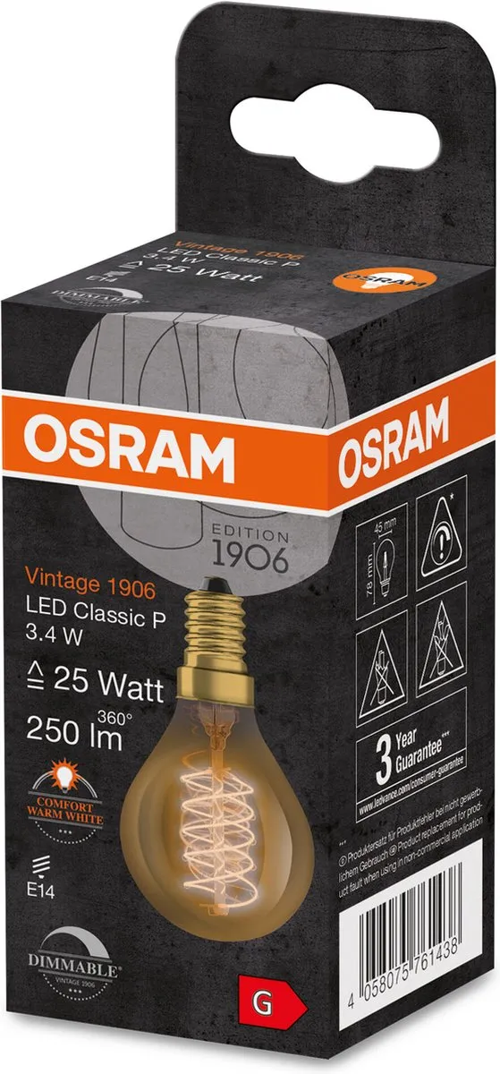 Osram Vintage 1906 LED DIM 25 E14 3,4W 2200K - afbeelding 6 van 6