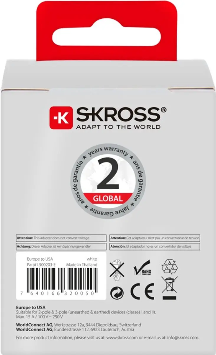 Skross Country 1500203 Reisadapter Europa naar VS - Wit - afbeelding 6 van 6