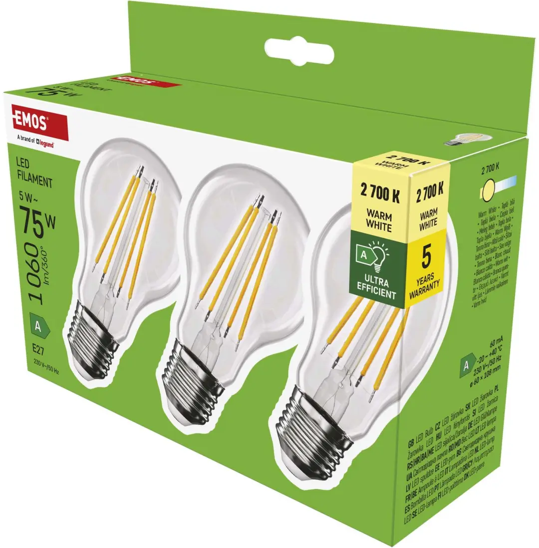 EMOS LED-lamp Filament A60 A-klasse / E27 / 5 W (75 W) / 1 060 lm / warmwit / 3