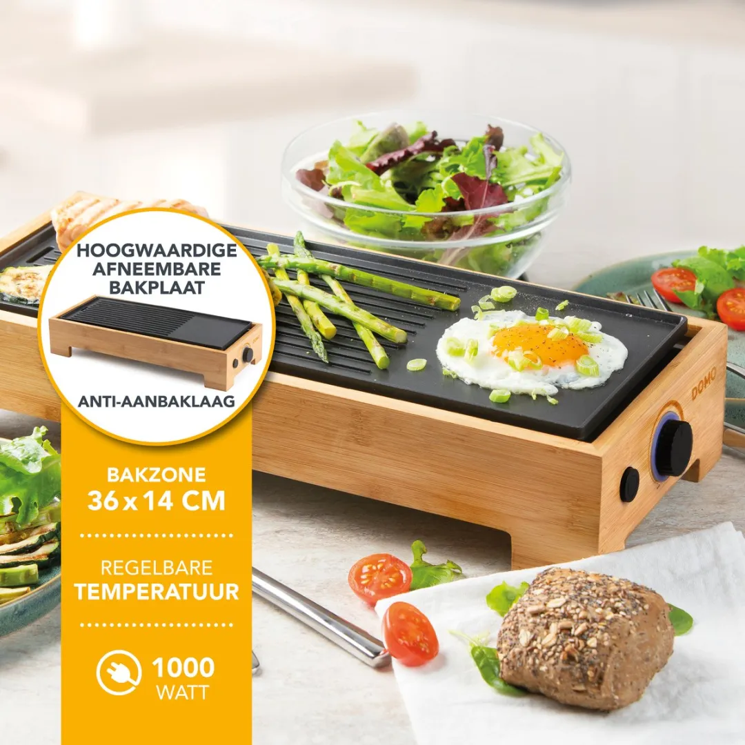 Domo DO9270G Plancha Grill Bamboo Style - 1000W - 2 Personen