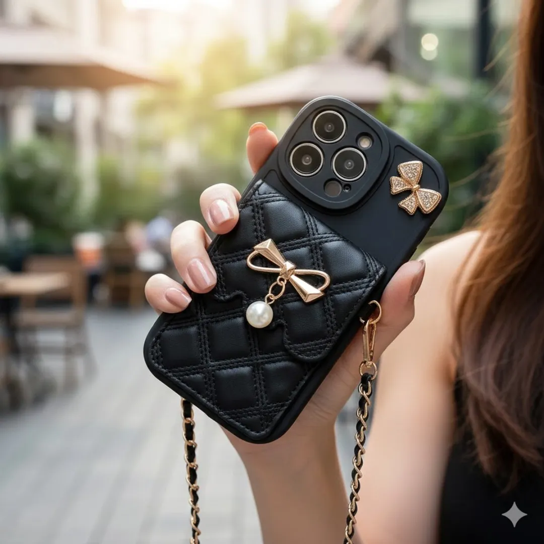 NUVEX iPhone 17 Hoesje Zwart - Lederlook met parel & strik