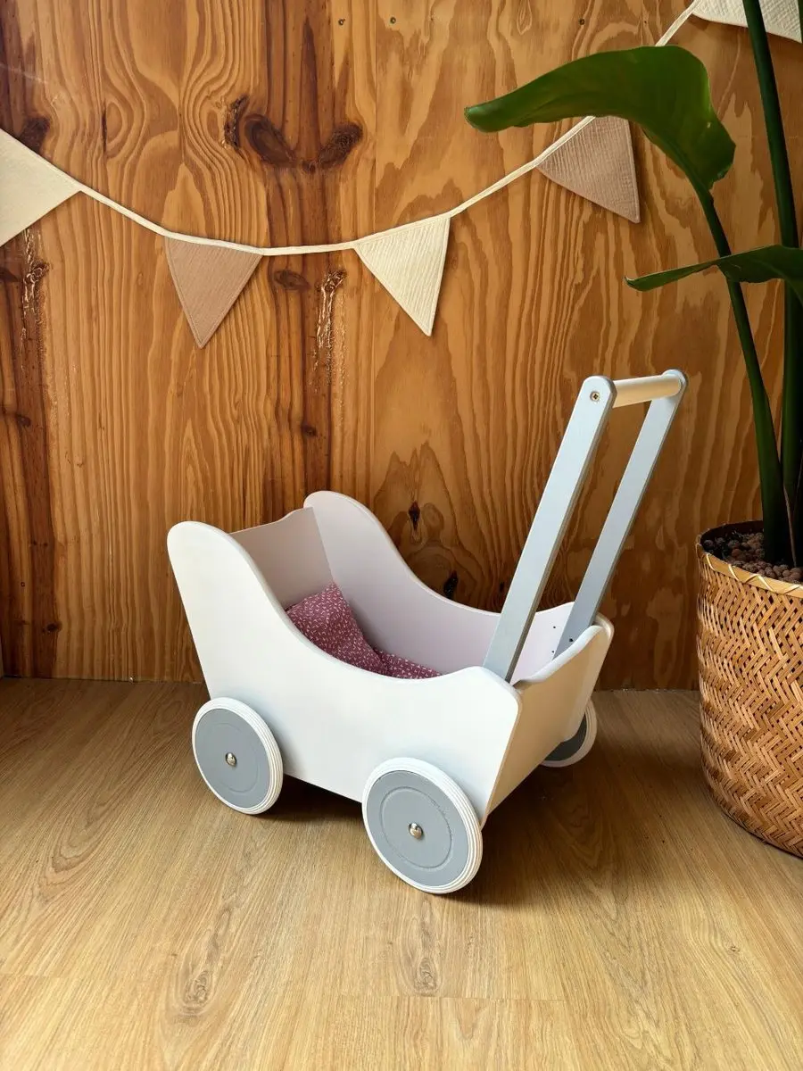 ThimbleToys Houten Poppenwagen met Dekje - Wit/Zilver - afbeelding 2 van 3