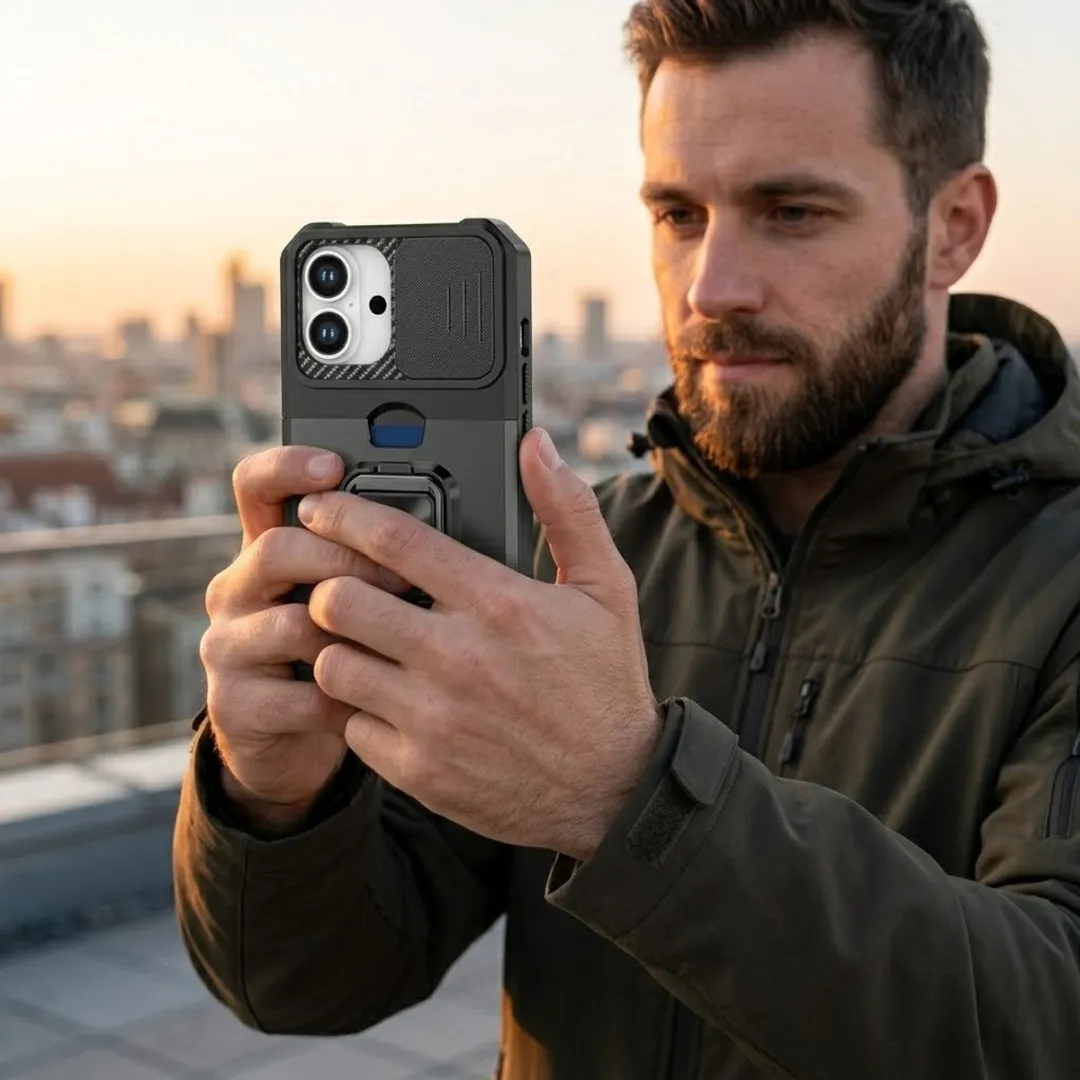 NUVEX iPhone 16 Plus Hoesje - Zwart - Schokbestendig met metalen standaard