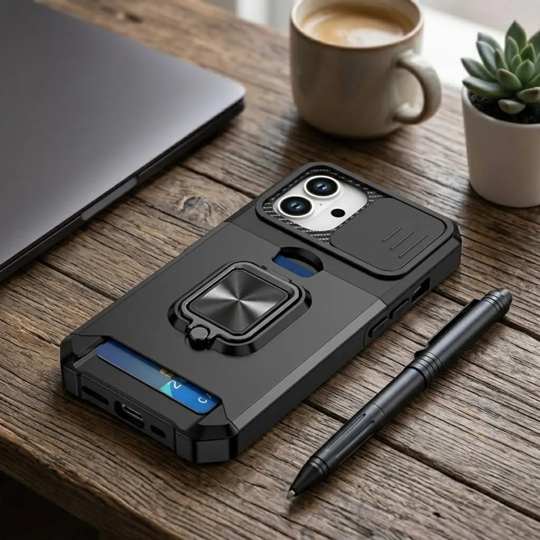 NUVEX iPhone 16 Plus Hoesje - Zwart - Schokbestendig met metalen standaard