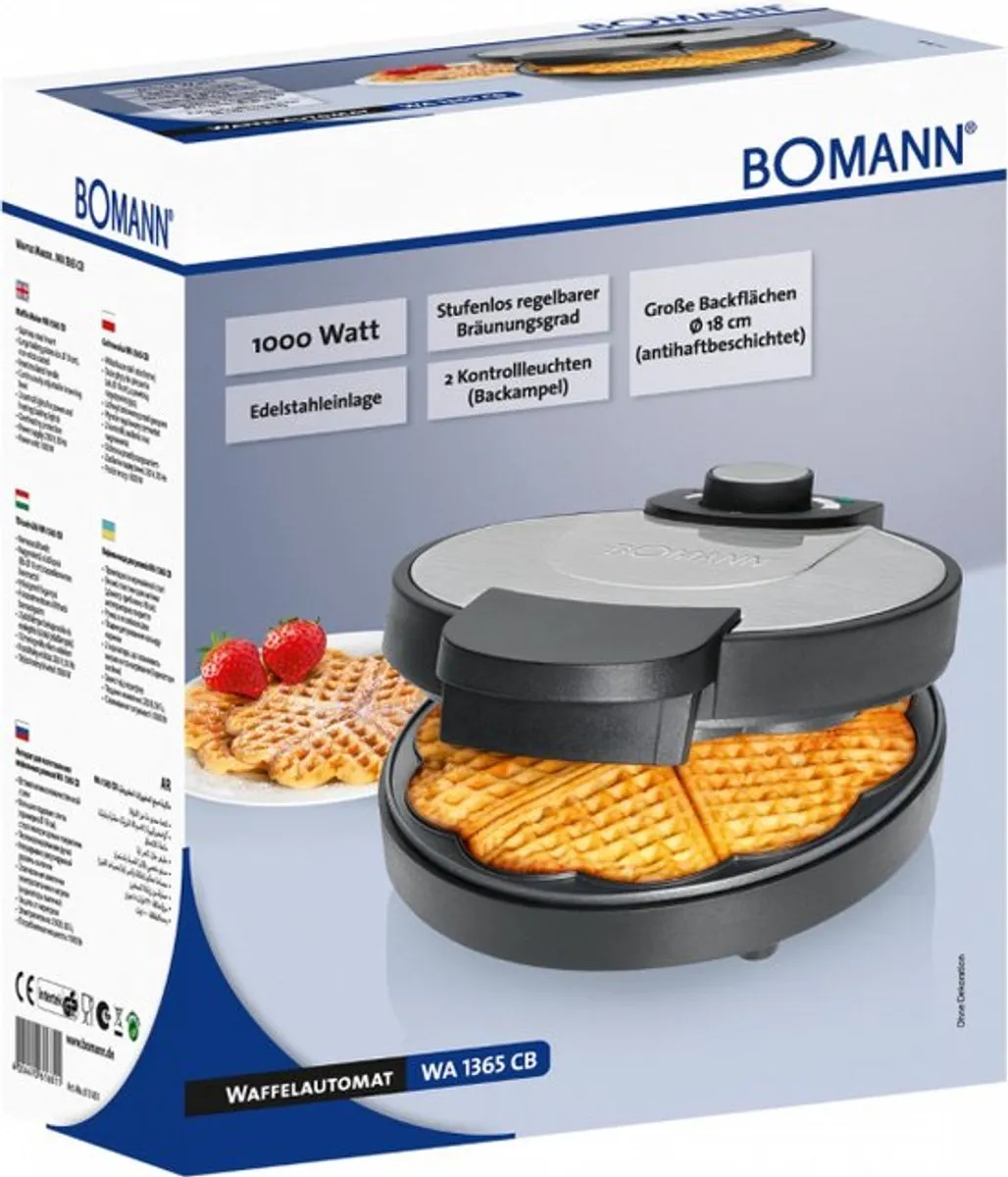 Bomann WA 1365 CB Hartvormig Wafelijzer 1000W - Roestvrij staal/zwart - afbeelding 3 van 3