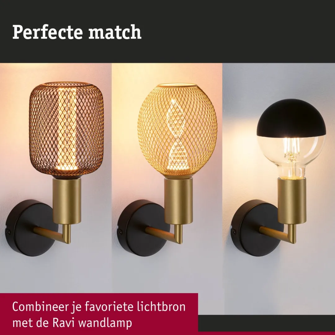 Paulmann Wandlamp Ravi IP44 E27 60W - Zwart mat, Goud - afbeelding 6 van 6