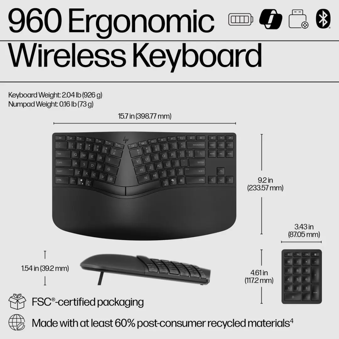 HP 960 Ergonomisch Draadloos Toetsenbord 7E755AA - Zwart - afbeelding 2 van 6