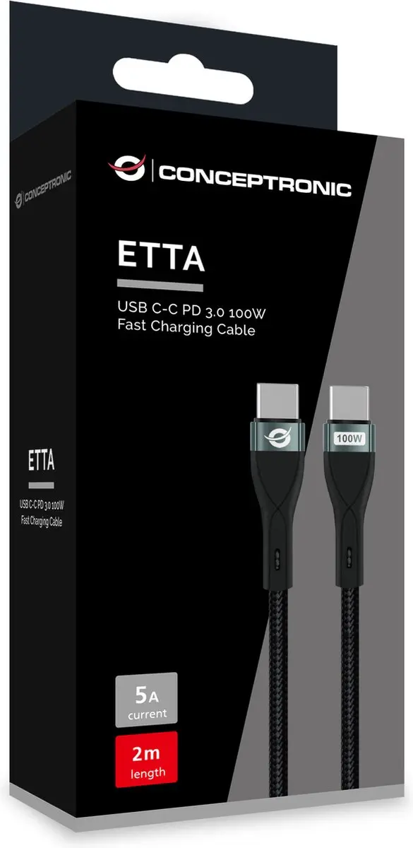 Conceptronic ETTA01B20 USB-C-kabel 2m - Zwart - afbeelding 4 van 4