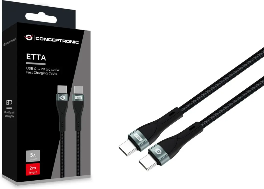 Conceptronic ETTA01B20 USB-C-kabel 2m - Zwart - afbeelding 2 van 4