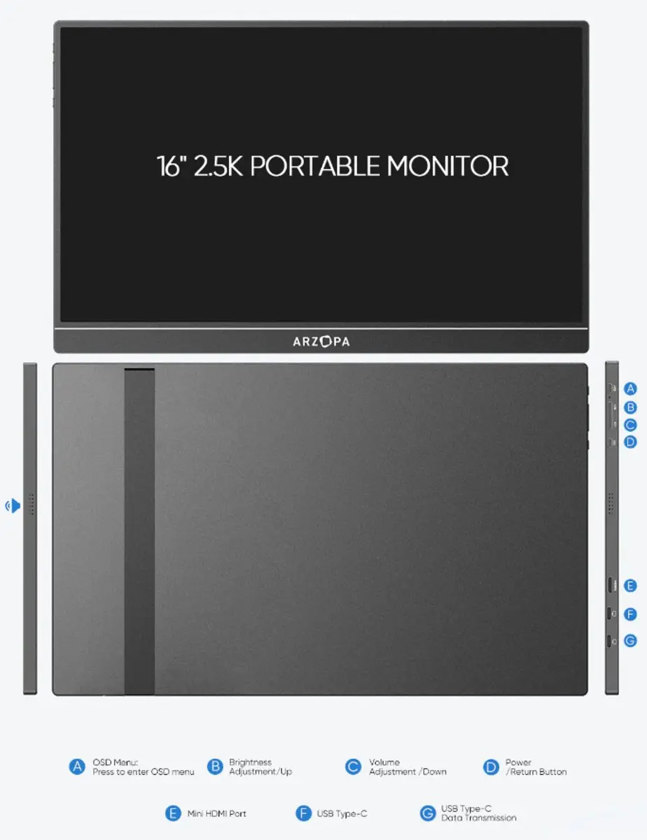 Arzopa Z1RC Draagbare Monitor 16 inch 2.5K - Zwart/Grijs - afbeelding 4 van 6