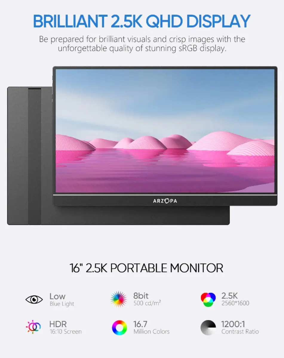 Arzopa Z1RC Draagbare Monitor 16 inch 2.5K - Zwart/Grijs - afbeelding 5 van 6
