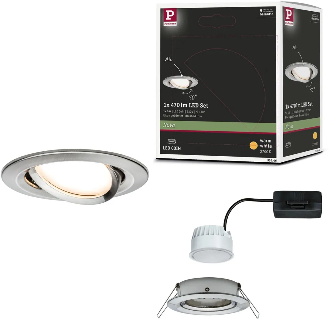 Paulmann Nova Coin LED-inbouwlamp 6W 470lm 2700K - 84mm Staal geborsteld