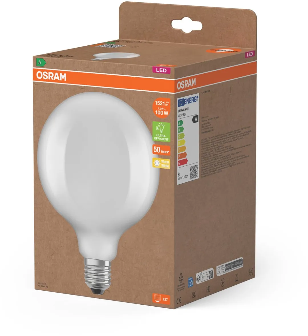 Osram Classic Globe LED Lamp 7.2W 2700K - Warm wit - E27 - afbeelding 6 van 6