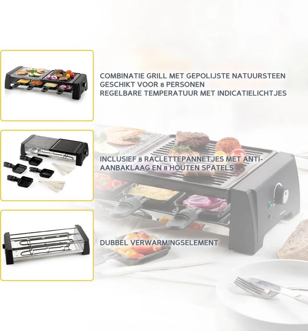 Domo DO9190G Raclette/Steengrill 8 Personen - 1200W - Zwart