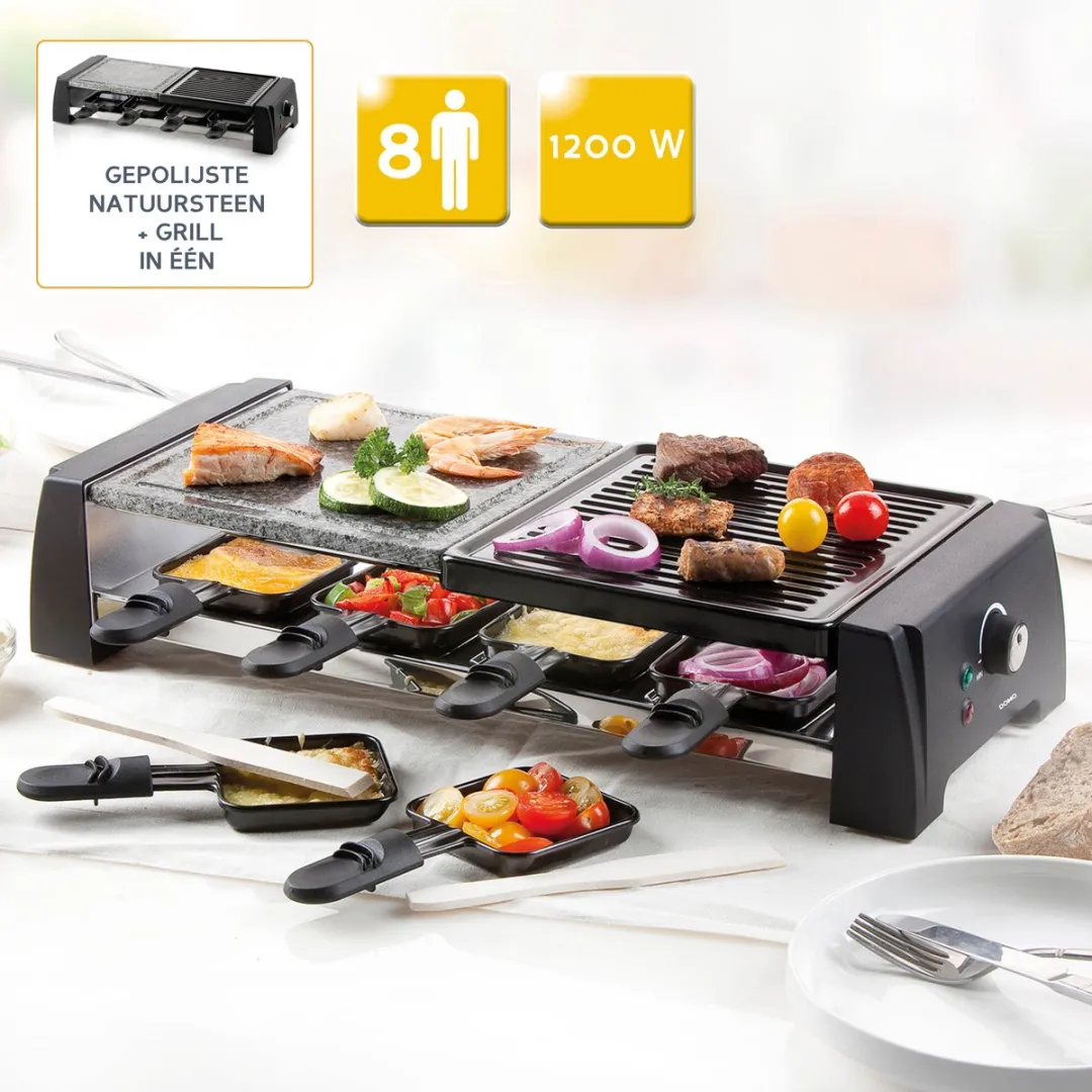 Domo DO9190G Raclette/Steengrill 8 Personen - 1200W - Zwart