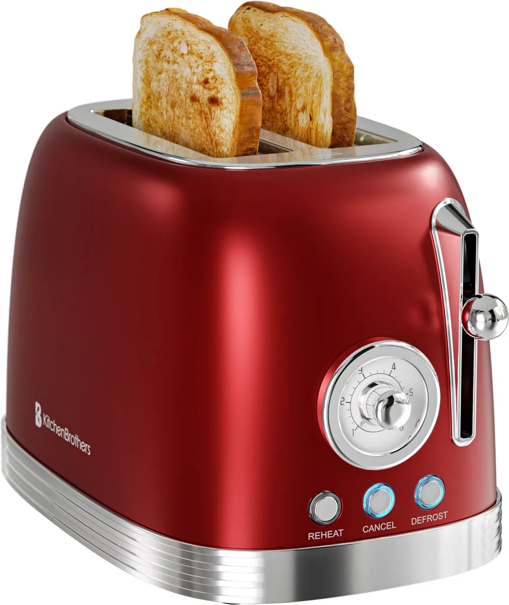 KitchenBrothers Retro Broodrooster KB728 - 815W - 2 Sleuven - Rood