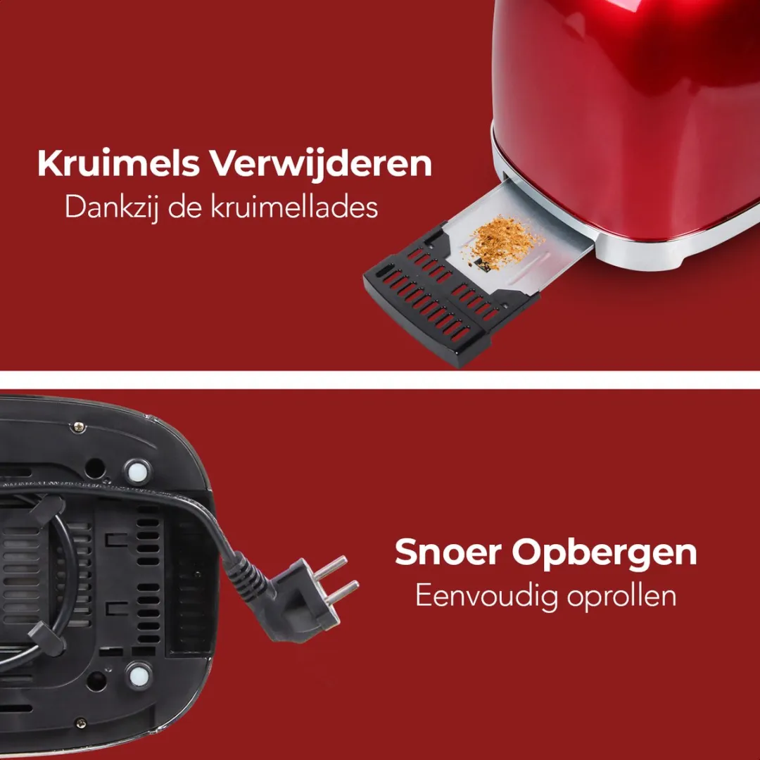 KitchenBrothers Retro Broodrooster KB728 - 815W - 2 Sleuven - Rood