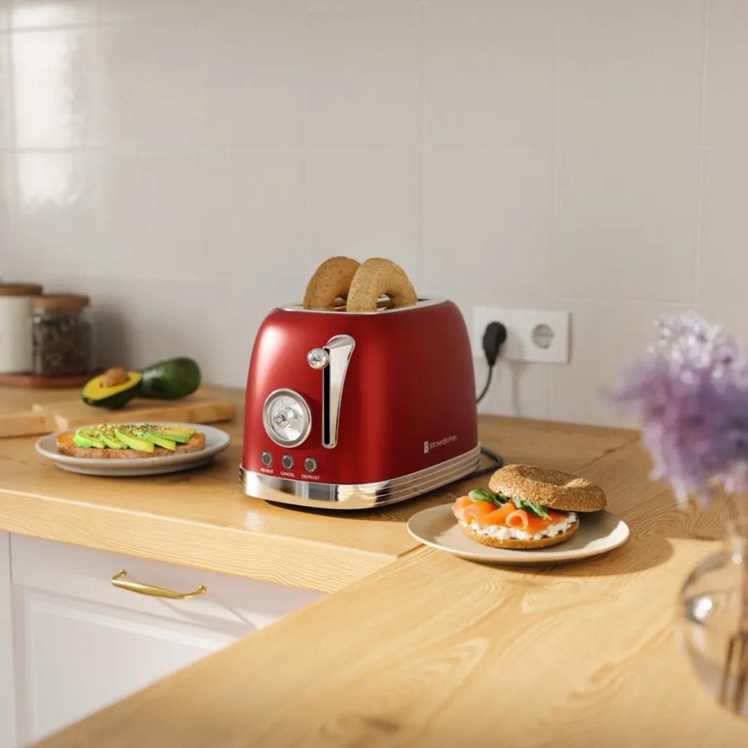 KitchenBrothers Retro Broodrooster KB728 - 815W - 2 Sleuven - Rood