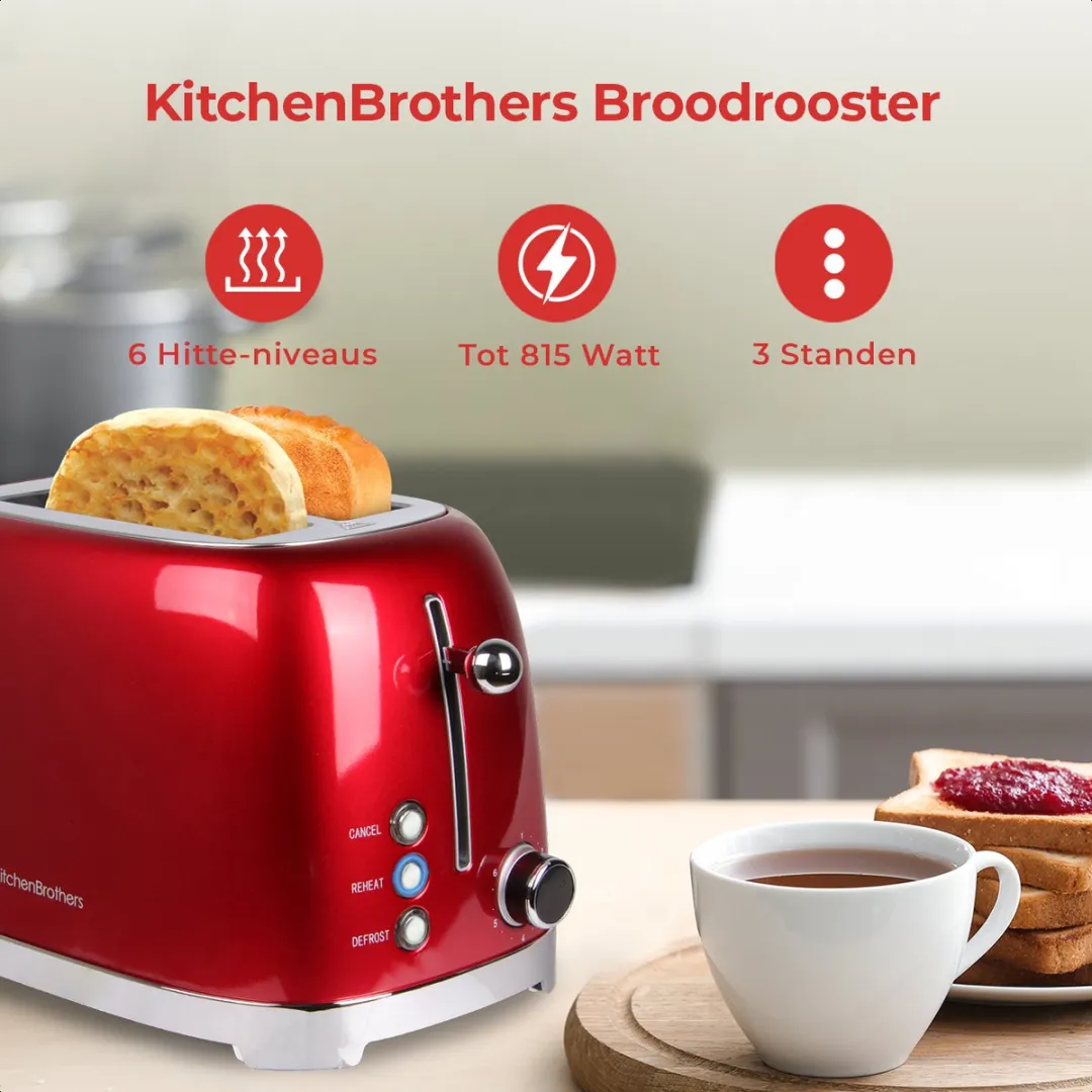KitchenBrothers Retro Broodrooster KB728 - 815W - 2 Sleuven - Rood