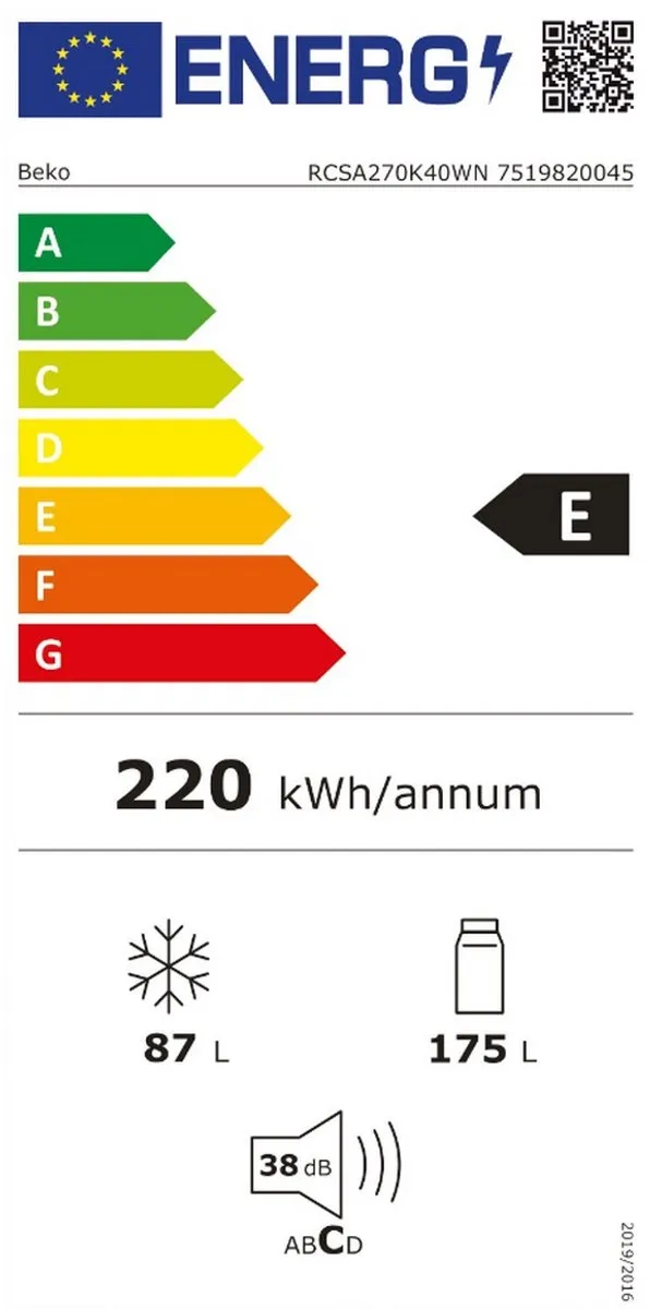 Beko RCSA270K40WN Koel-vriescombinatie 262L - Wit