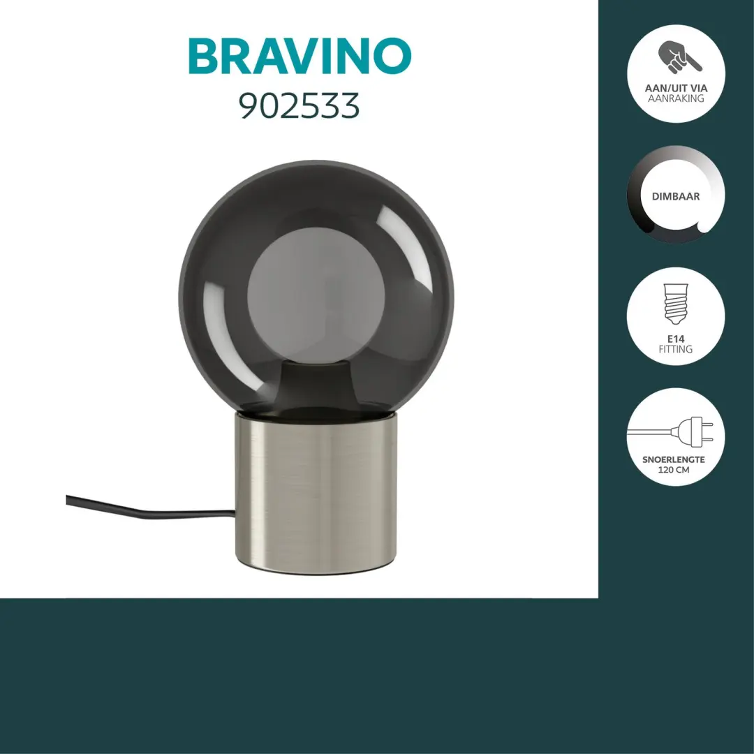 Eglo Bravino Tafellamp - E14 - Nikkel/Smoke - afbeelding 3 van 5