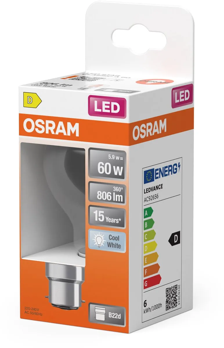 Osram LED-lamp A60 Stervorm B22d 5,9W - 806lm Koelwit
