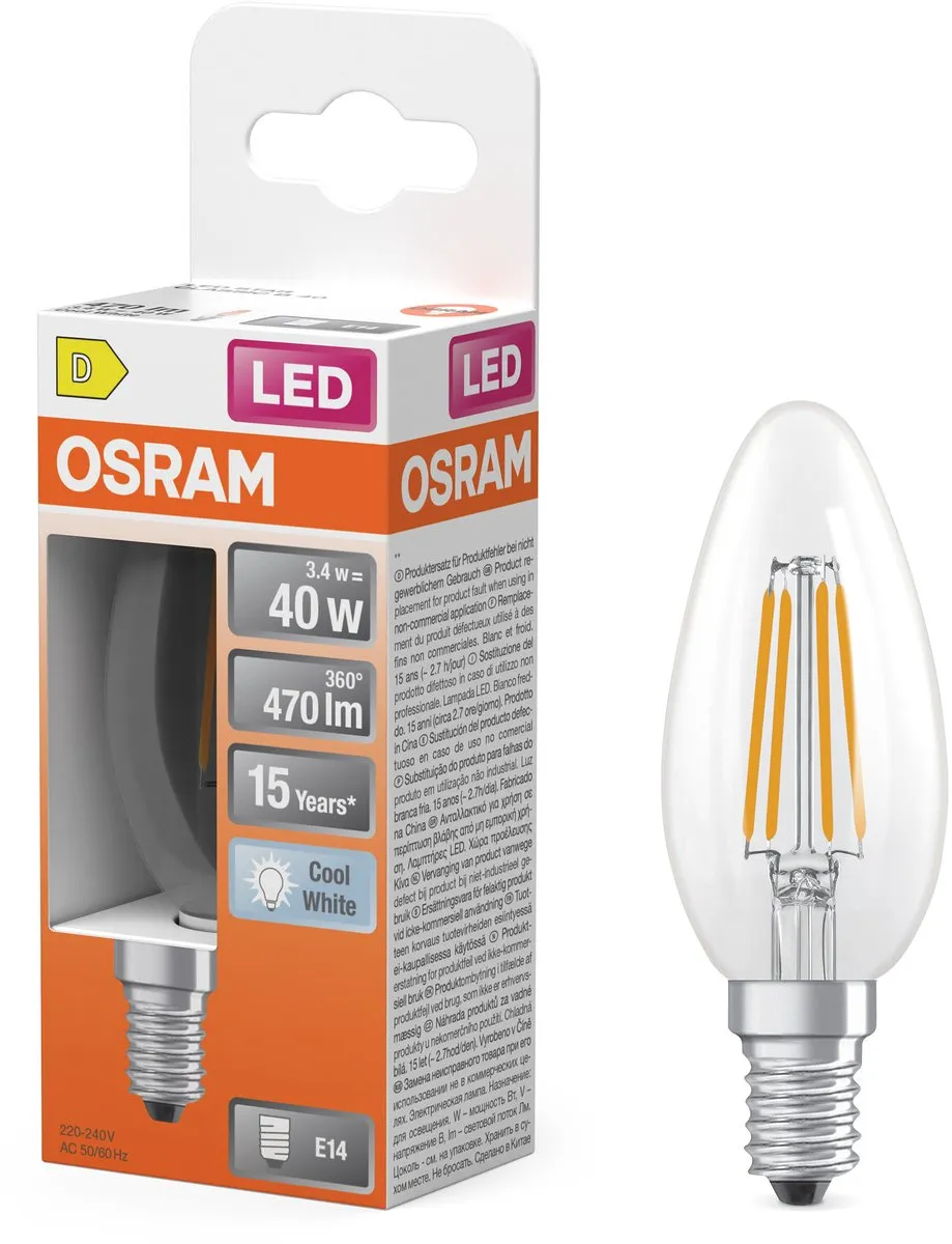 Osram LED Kaarslamp B40 Filament 3,4W 470lm E14 - Helder
