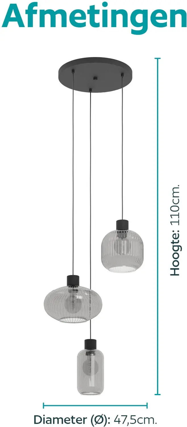 Eglo Dasmina Hanglamp - 3-lamps - E27 - Zwart/Rookglas - afbeelding 5 van 5