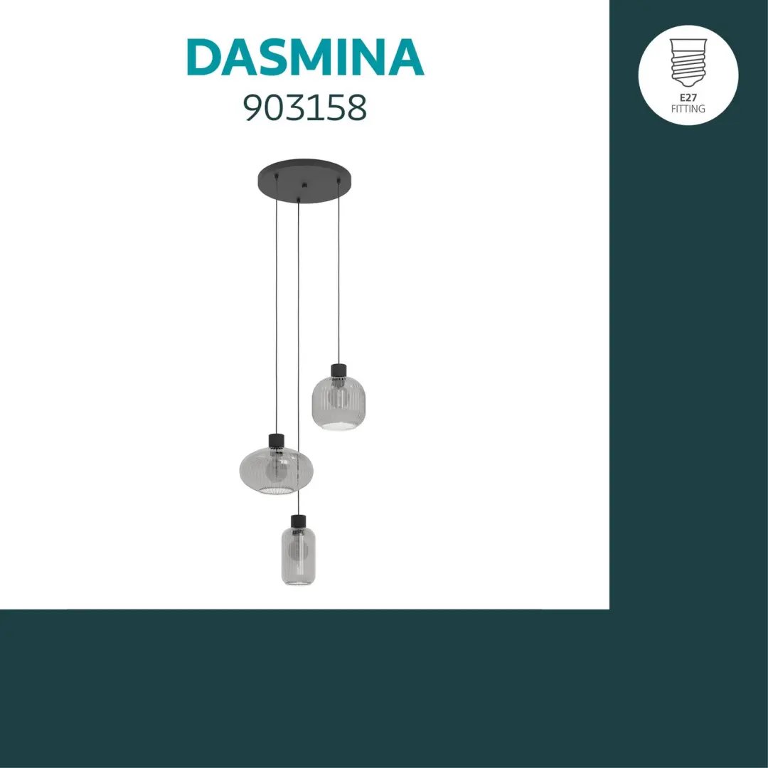 Eglo Dasmina Hanglamp - 3-lamps - E27 - Zwart/Rookglas - afbeelding 3 van 5