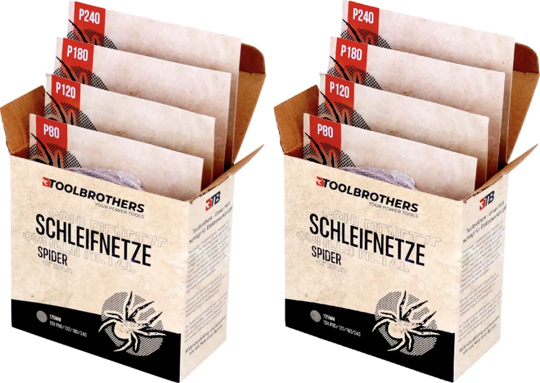 Toolbrothers SPIDER schuurset netschuurmiddelen 2 verpakkingen 80x schuurnetten 125 mm klittenband elk 20x P80 / P120 / P180 / 240 voor hardhout, zachthout, lak, steen, staal, aluminium, fineer