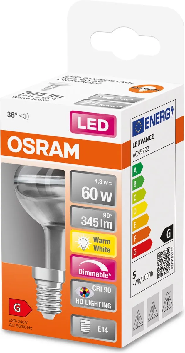 Osram E14 R50 LED Reflector 4.8W 2700K - 345 Lm - Helder