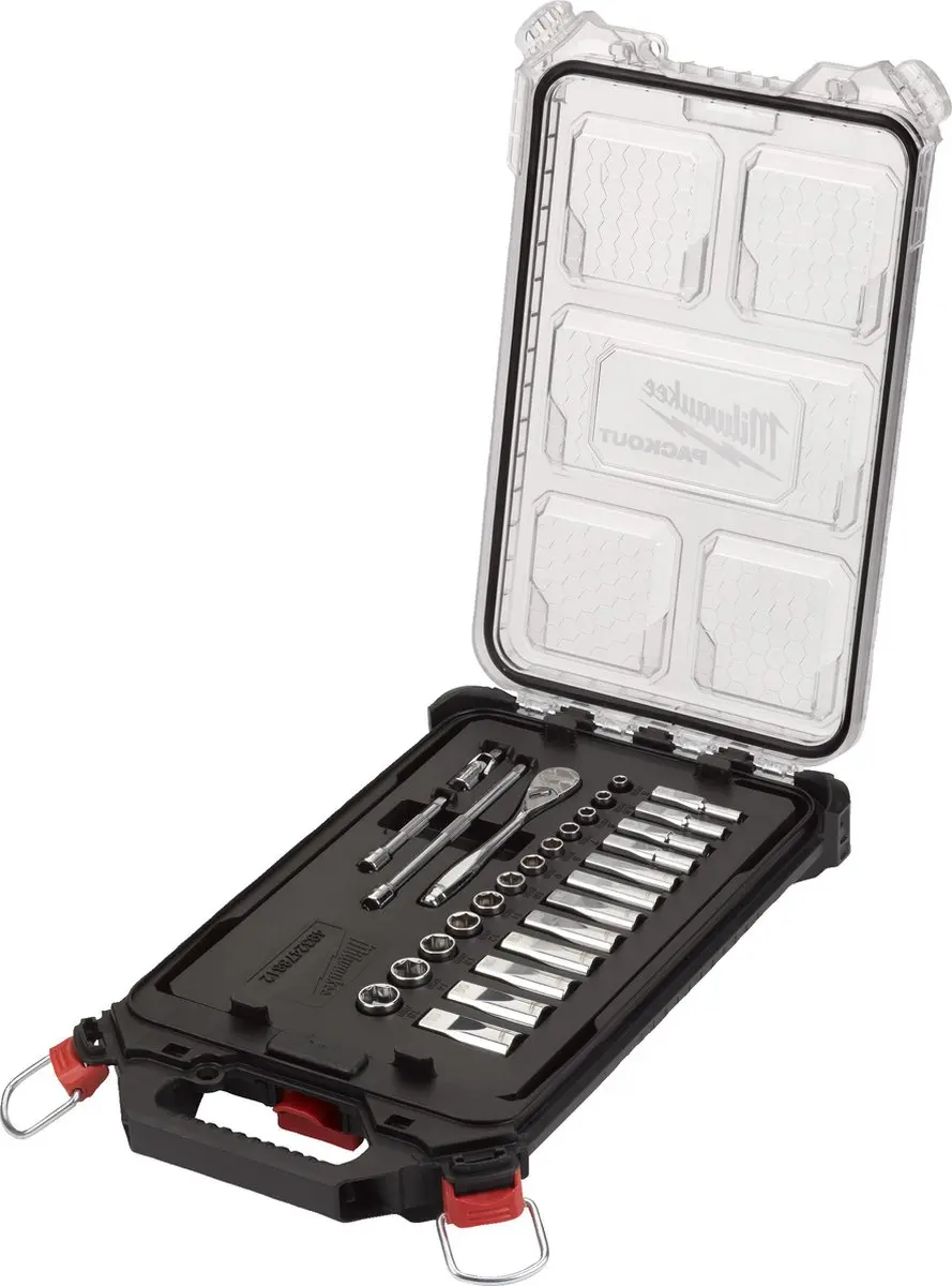 Milwaukee Ratel & Dop Set 1/4" Slim Organizer PACKOUT™ 28 Delen