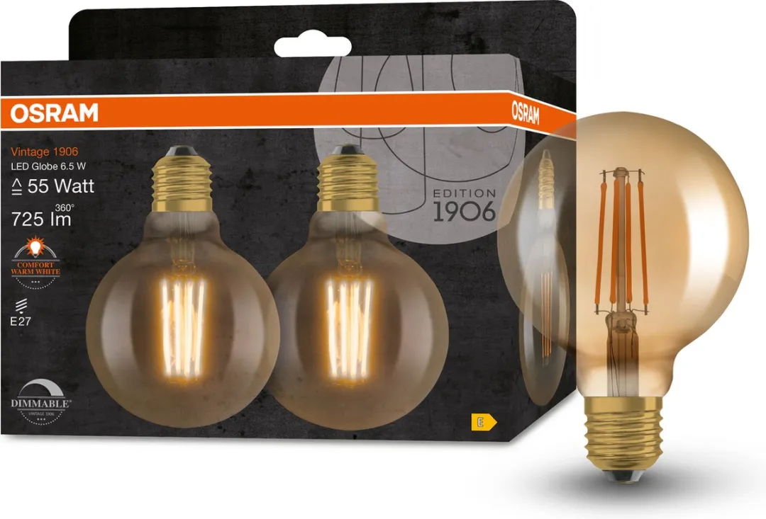 Osram LED-lamp E27 Ballon 6.5W Warmwit - 2 Stuks