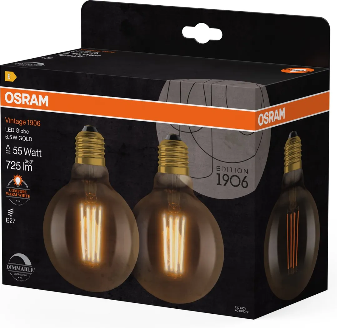 Osram LED-lamp E27 Ballon 6.5W Warmwit - 2 Stuks