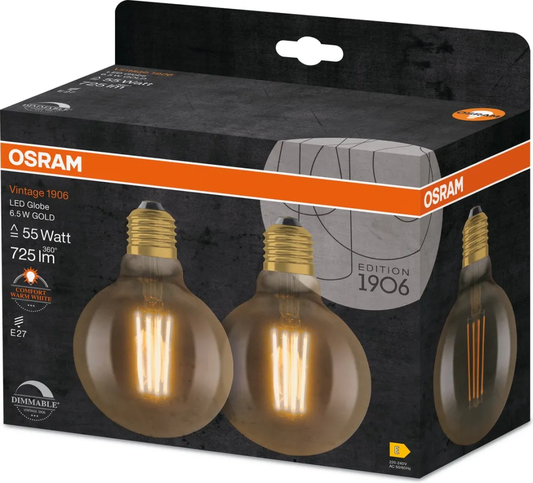 Osram LED-lamp E27 Ballon 6.5W Warmwit - 2 Stuks - afbeelding 6 van 6