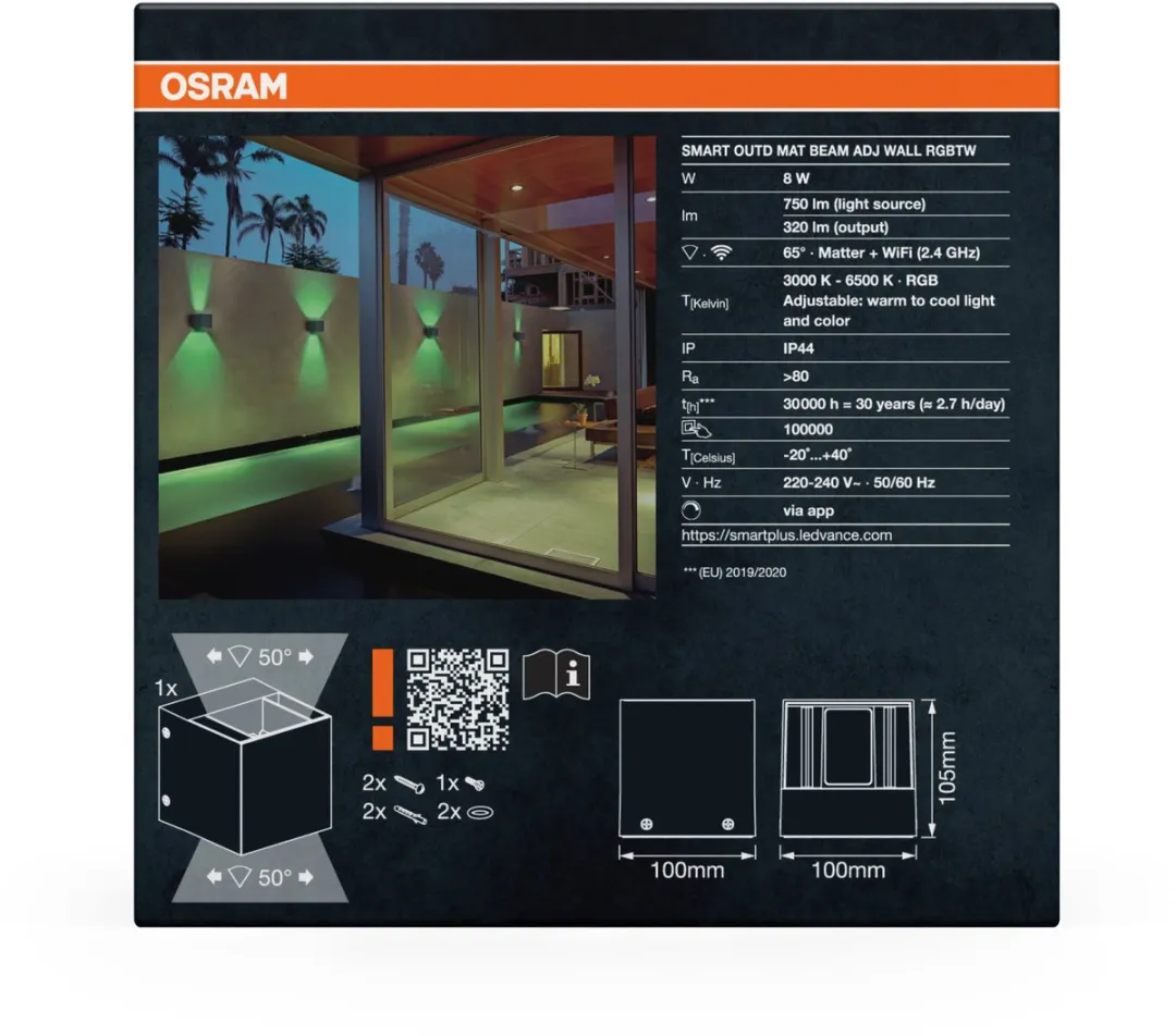 Osram SMART+ Matter Wandlamp Zwart 8W RGBW - WiFi Alexa IP44