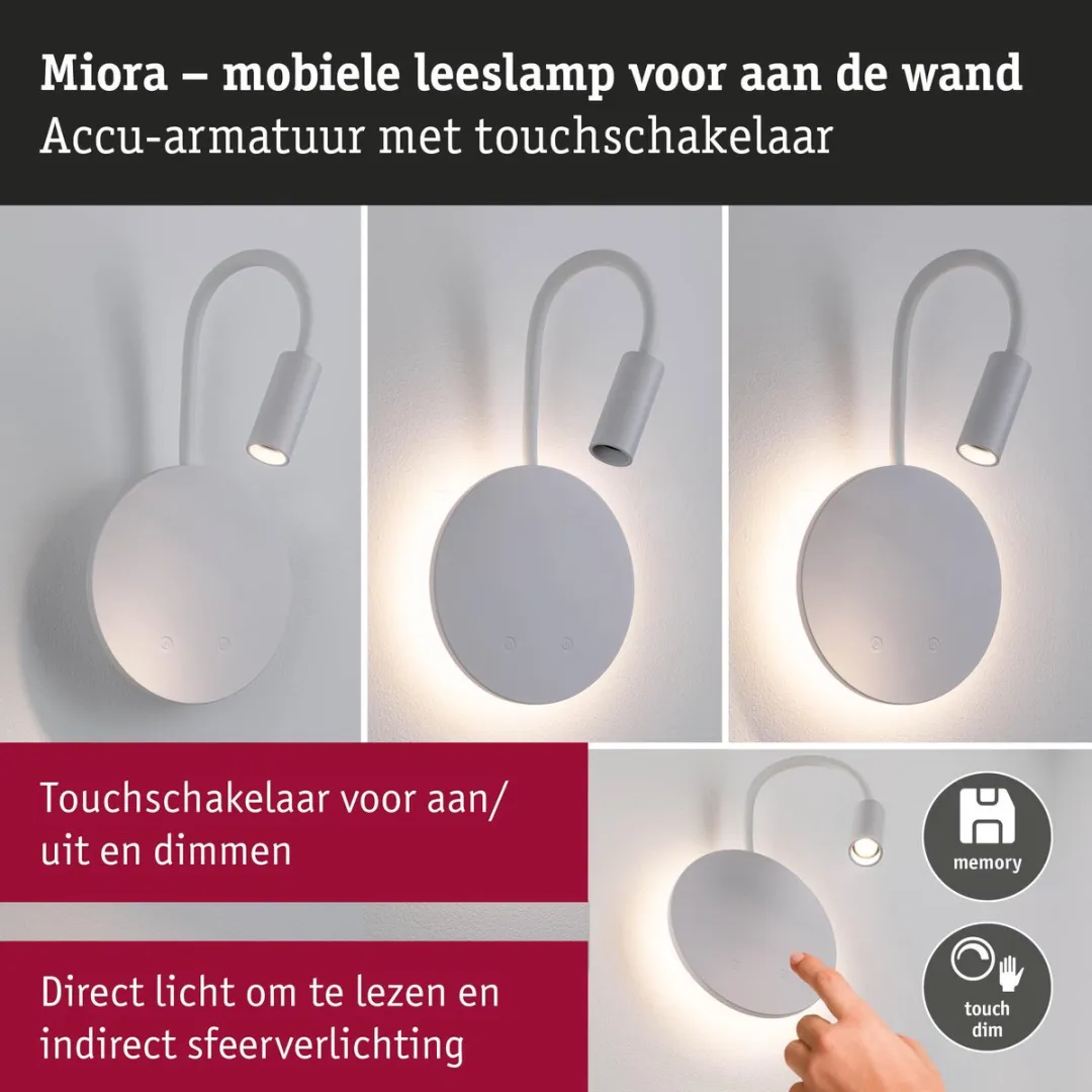 Paulmann Miora LED Wandlamp Accu 2700K - 2x 80lm/50lm - Wit - afbeelding 6 van 6