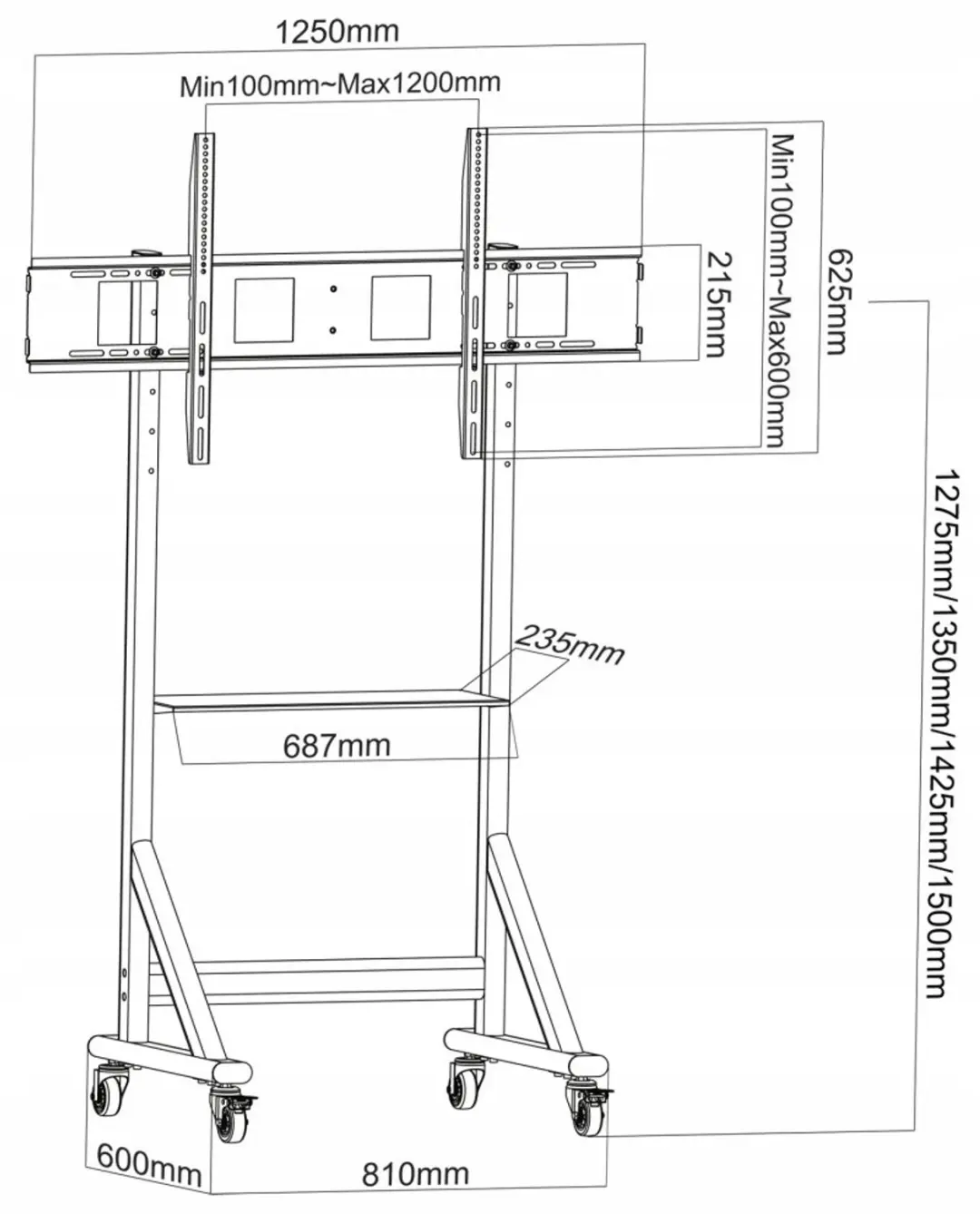 Techly ICA-TR7412 Mobiele TV Standaard - 55-100 inch - Zwart - afbeelding 4 van 6
