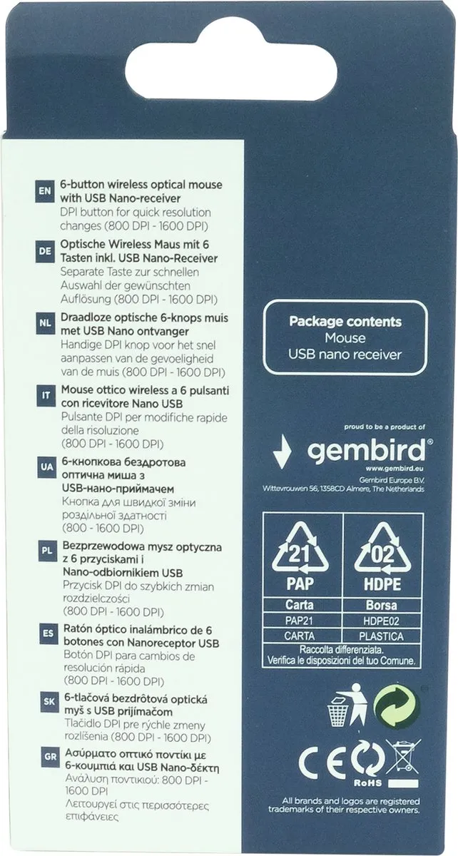 Gembird MUSW-6B-01 Draadloze USB Muis 6 Knoppen - 800-1600 DPI - Zwart