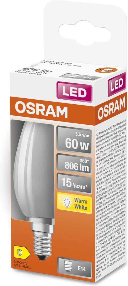 Osram LED Kaarslamp E14 5.5W Warmwit Mat - 2700K - afbeelding 6 van 6