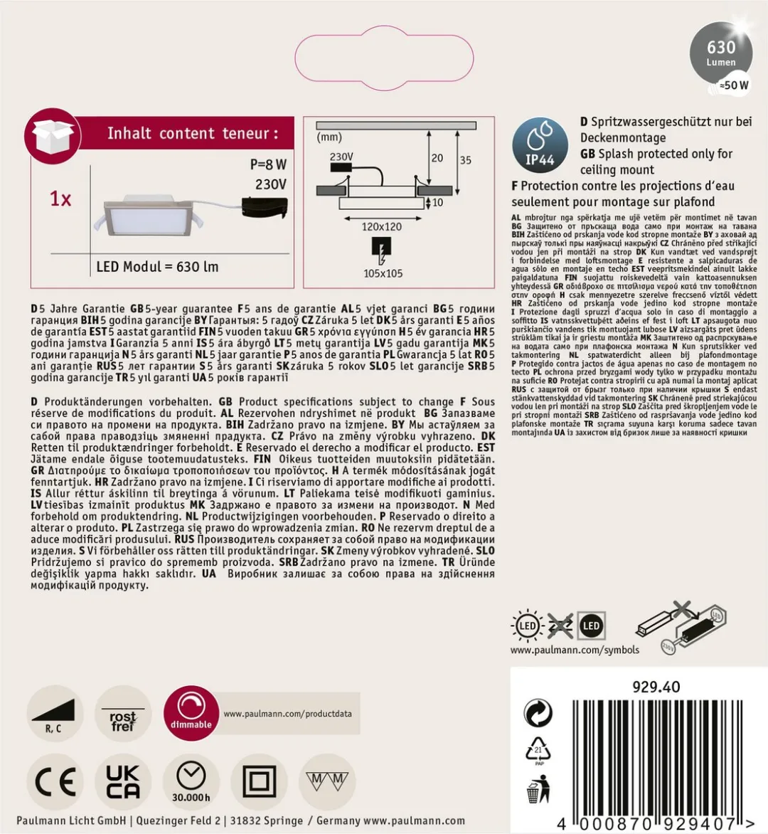 Paulmann Areo LED-inbouwpaneel 6,5W 418lm 3000K - Nikkel mat