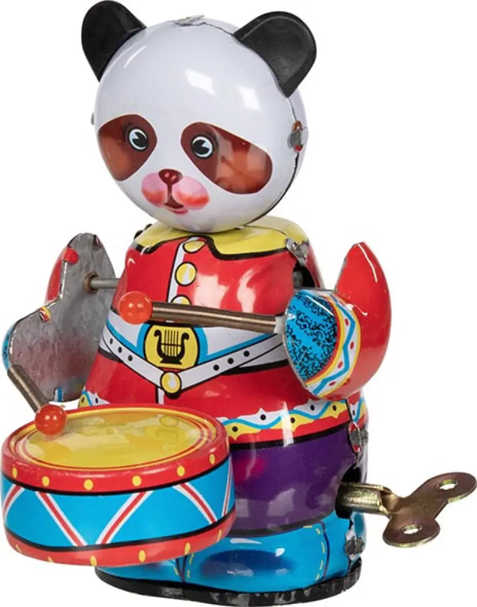 Blikken speelgoed: PANDABEER met TROMMEL 8x6x11cm, om op te winden, China, ENKEL
