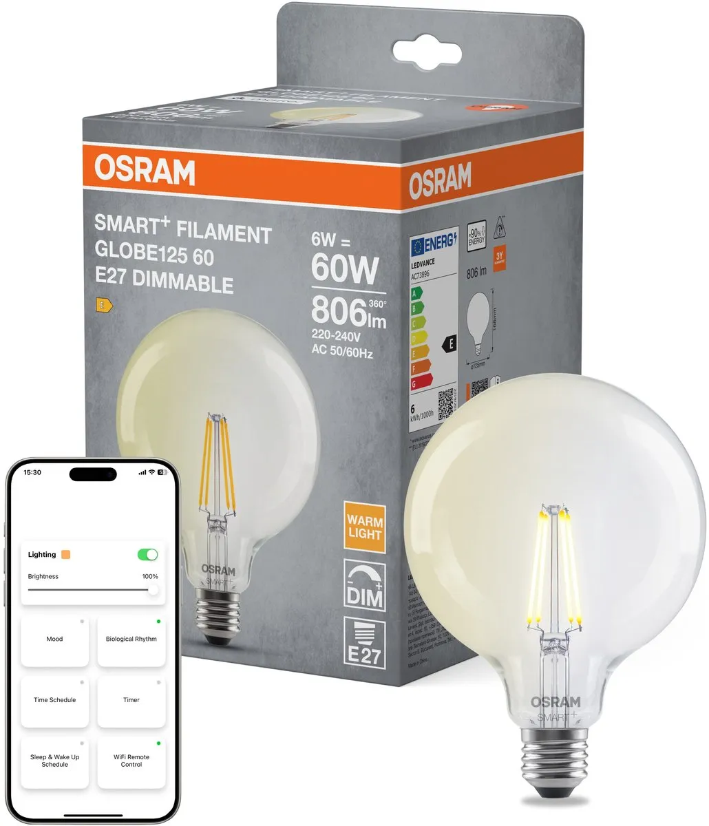 Osram Smart+ Matter E27 Globe Filament 6W - 806lm - Mat - Zeer Warm Wit