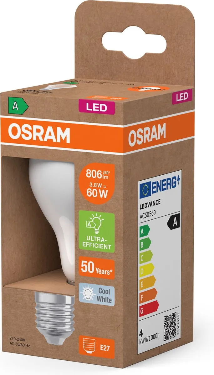 Osram Classic LED E27 Peer Filament Mat 3.8W 806lm Koel Wit