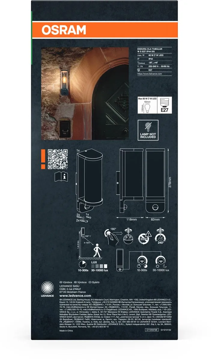 Osram Endura Classic LED Wandlamp E27 PIR Sensor IP44 - Donkergrijs