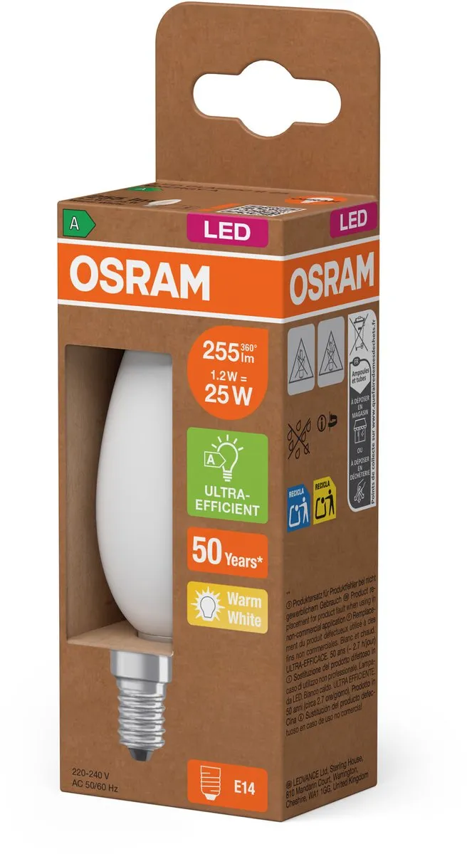 Osram LED Classic E14 Kaarslamp 1.2W 255lm - Zeer Warm Wit - afbeelding 6 van 6