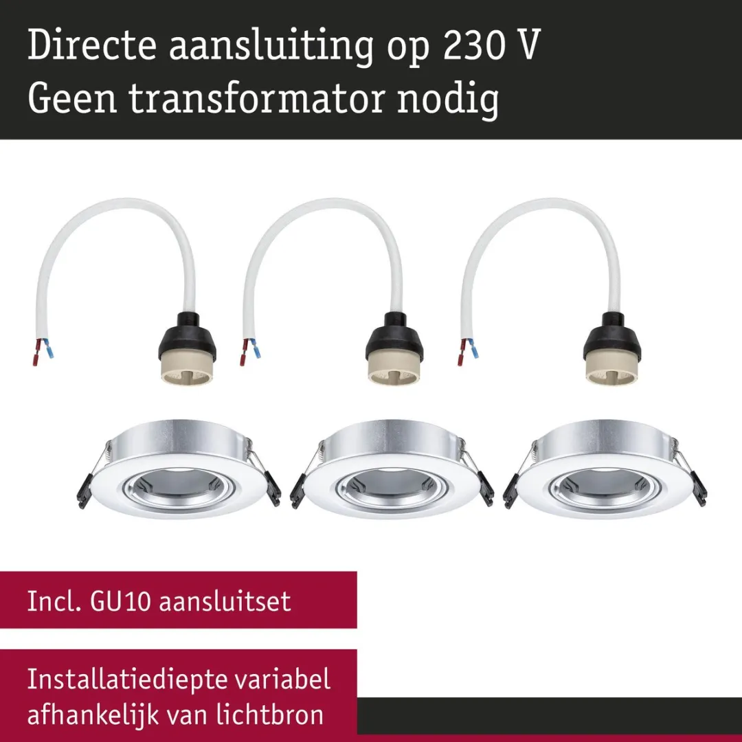 Paulmann Inbouwlamp Set 3x GU10 10W 90mm - Chroom mat - afbeelding 6 van 6